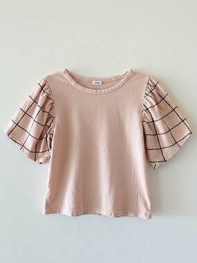 Stem Girls Pink Blush Windowpane Puff Sleeve Top Size 5